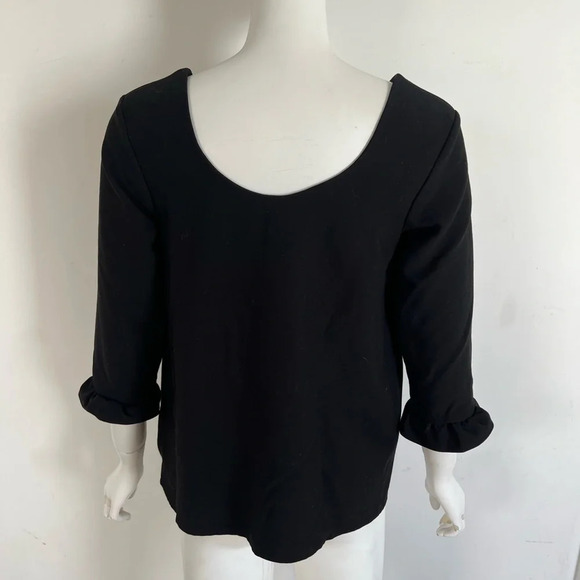Songe Lab France Black snap front ruffle 3/4 sleeves top blouse - Picture 3 of 8